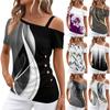 Damen Schulterfreie Tops Plissee Asymmetrischer Ausschnitt Kurzarm Prints T-Shirt Tops