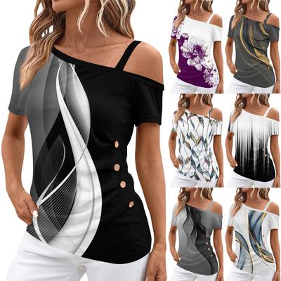 Damen Schulterfreie Tops Plissee Asymmetrischer Ausschnitt Kurzarm Prints T-Shirt Tops