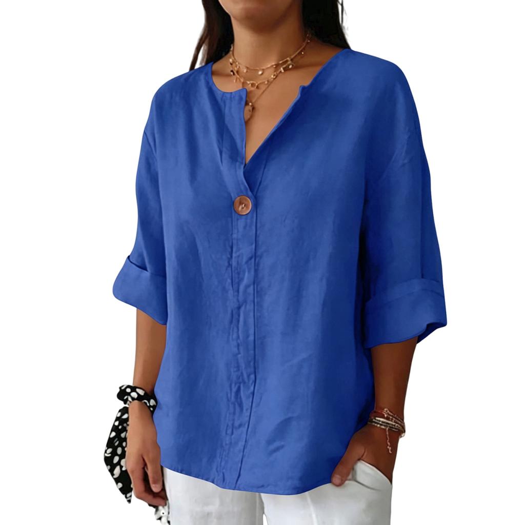 Women V Neck Button Front 3/4 Sleeve Cotton Linen Top Loose Fit Casual Blouse Lightweight Breathable Shirt for Daily Wear