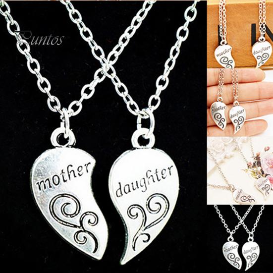2Pcs/Set Fashion Mother Daughter Flower Carved Love Heart Pendant Necklace Gift