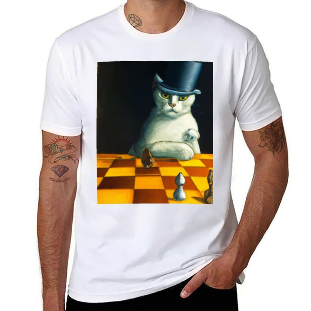 Cat In the Hat Plays Chess Surreal Art T-Shirt Basic All Season Solid T-Shirt