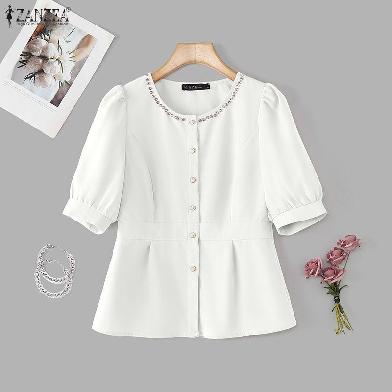 

ZANZEA Women Casual Round Neck Short Sleeve Beading Peplum Blouse 5XL