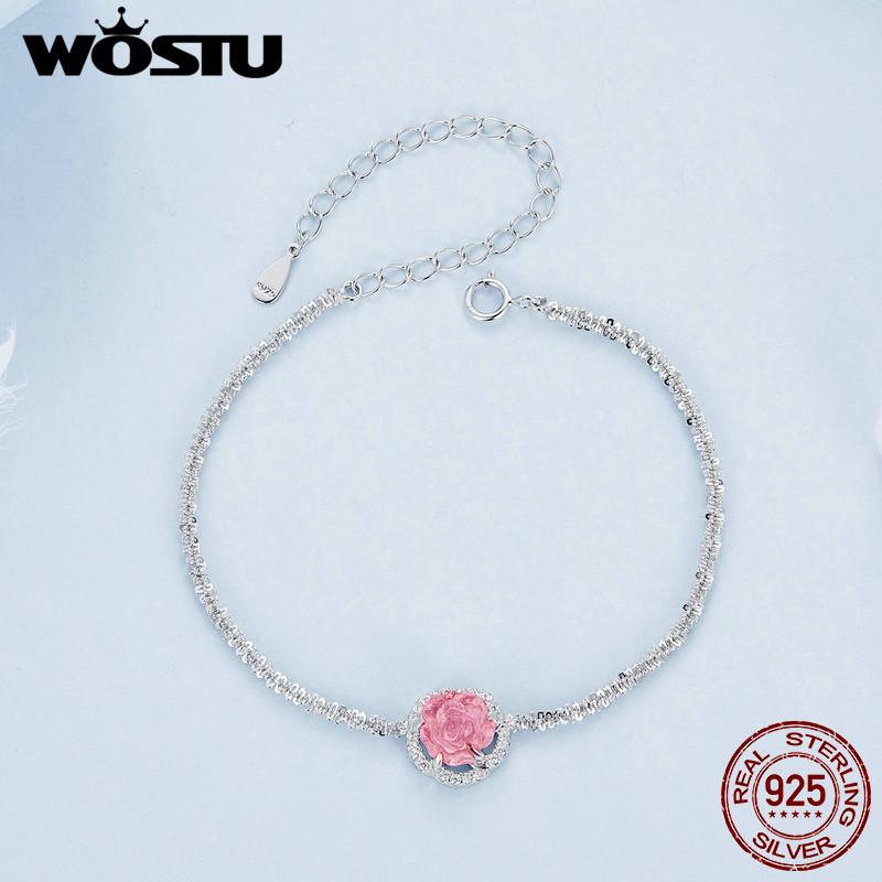 WOSTU 925 Sterling Silver Change Color Flower Link Bracelet Women Romantic Pink Rose Flowers Charm Bracelets Party Jewelry Gift