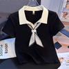 Summer new high-end POLO collar short-sleeved t-shirt women's college style contrasting colors versatile and thin shoulder top