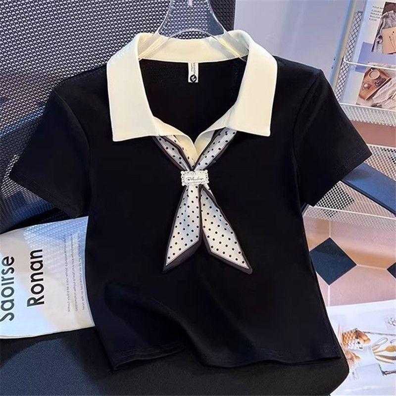 Summer new high-end POLO collar short-sleeved t-shirt women's college style contrasting colors versatile and thin shoulder top