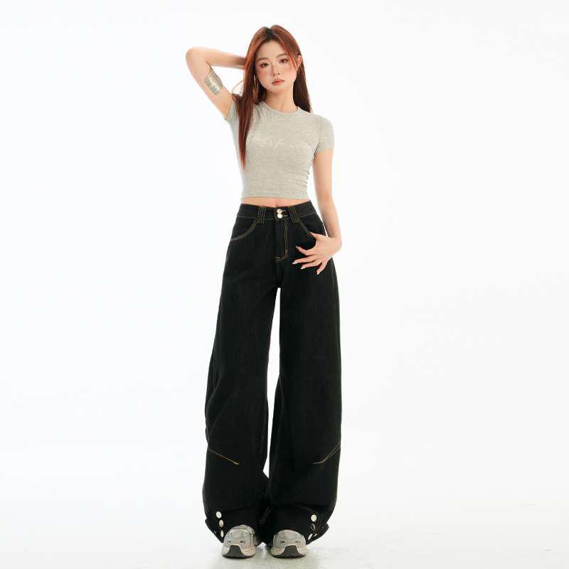 Retro Black High-Waisted Women s Wide-Leg Jeans with Fold-Up Design Large