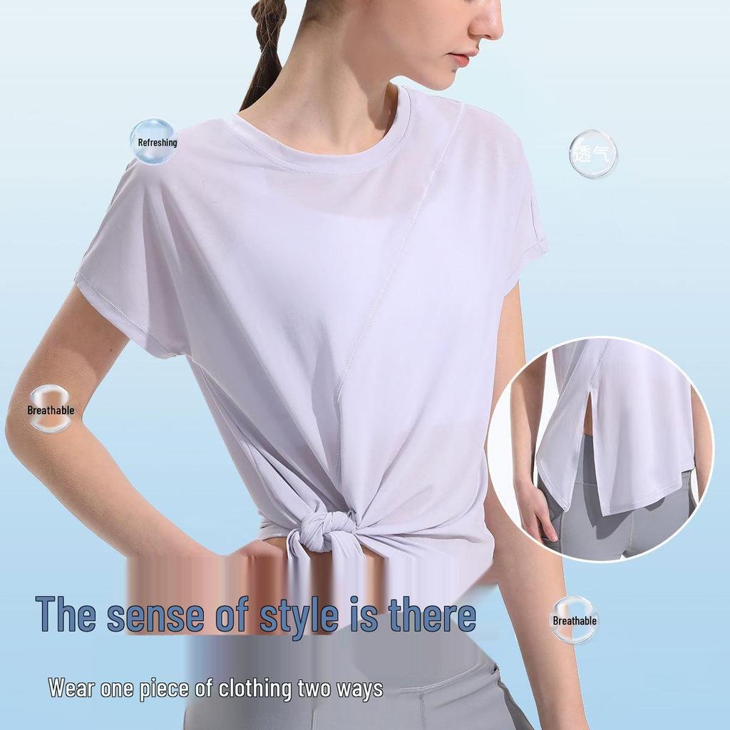 Women's Quick-Dry Short-Sleeve Yoga Top with Side Slit & Tie-Up