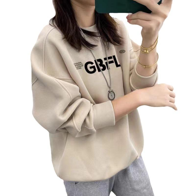 Women's 2024 Cotton Crew Neck Sweatshirt: Thin, Fleece-Lined Loose Pullover for Spring and Autumn.
