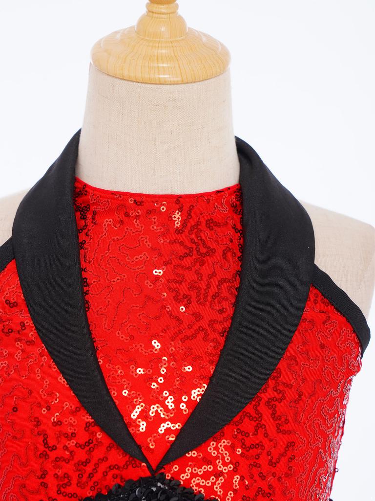 Kids Stage Performance Costume Turn-Down Collar Sleeveless Sheer Mesh Keyhole Back Sequins Leotard