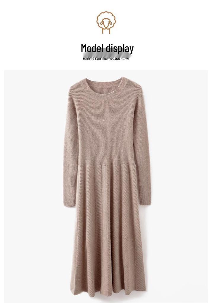 Women's Autumn Loose Merino Wool Crew Neck Sweater Dress Over-the-Knee