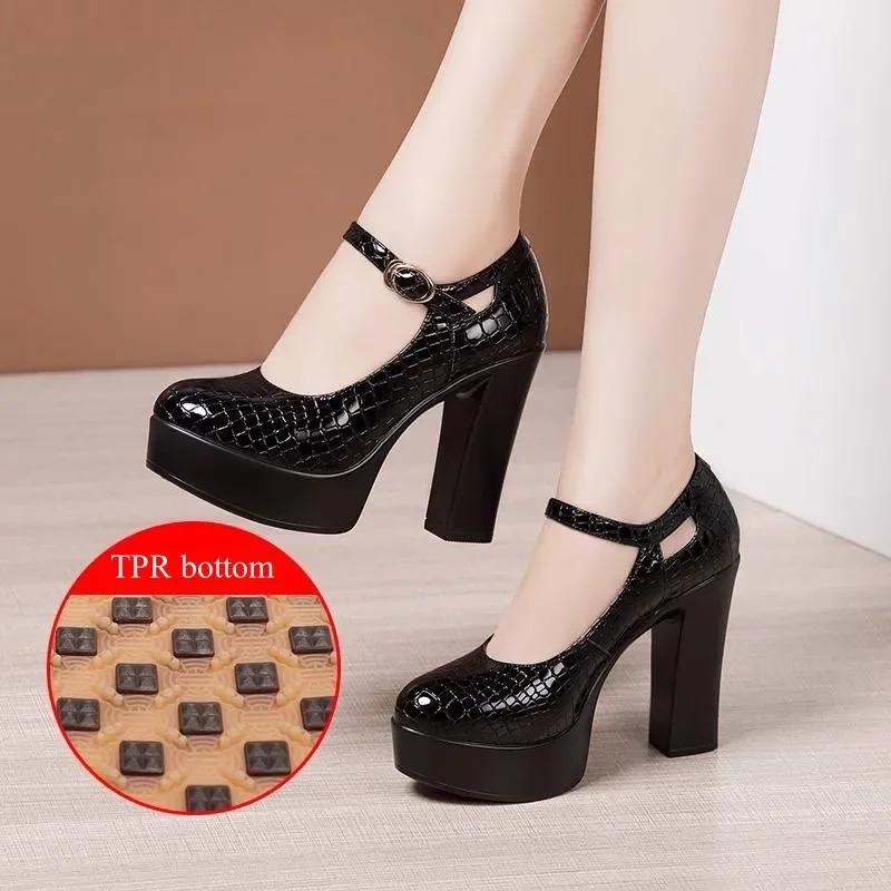 Small Size 32-43 Black Genuine Leather Shoes Shallow Platform Pumps Women 2025 Block High Heels Mary Jannes for Office Model Mom