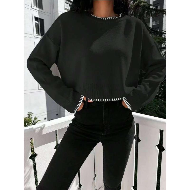 High Waist Contrasting Color Knitted Sweater Women's Early Autumn New Loose Short Pullover Sweater