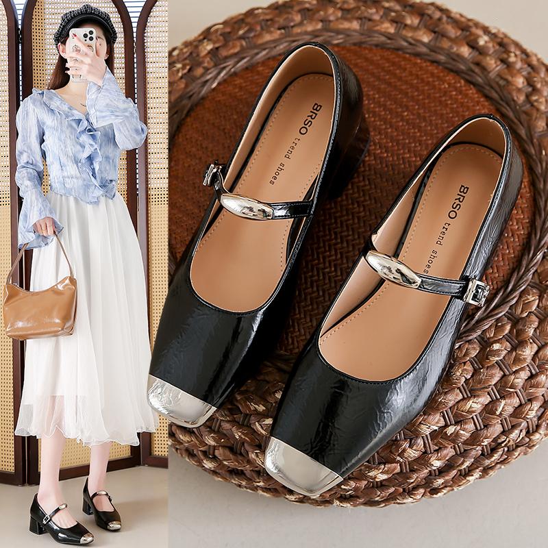 Fashion Black Patent Shoe Slim Heels 2025 Chunky Sandals Clogs for Women Leather Slimming Latest Beige Block African Spring 3cm Med High