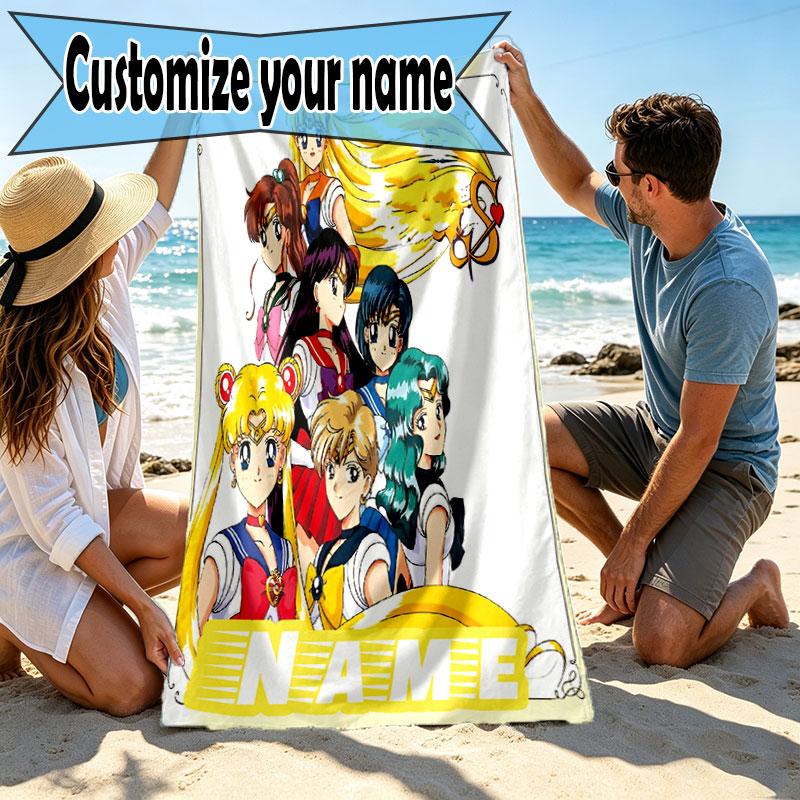 Custom Name Personalized Sailor Moon Print Beach Towel, for Trip Camping Beach Party Home Decor, Birthday Gift for Family & Friends