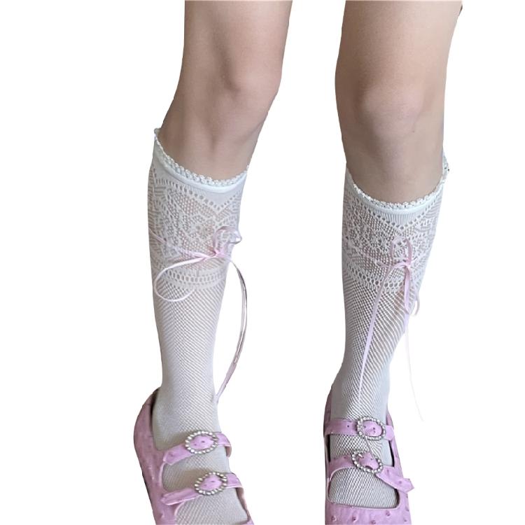 Womens Cute Bowknot Stockings Summer Sweet Hollow-Out Lace Over Calf Long Socks