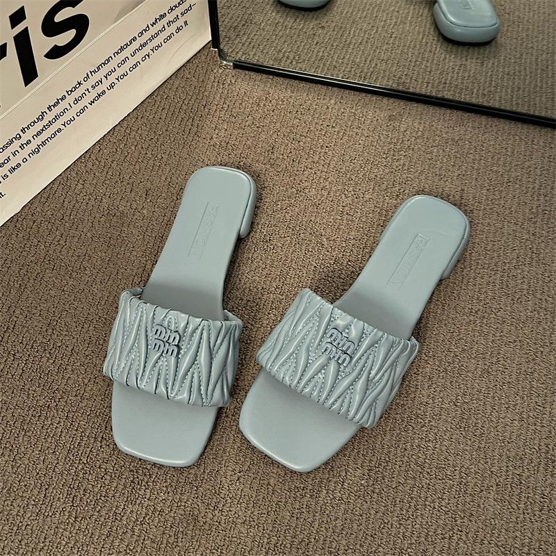 

Односложные тапочки, женская верхняя одежда, лето 2025, новые французские повседневные тапочки с квадратным носком и плоским дном, классные тапочки на низком толстом каблуке 35 синий