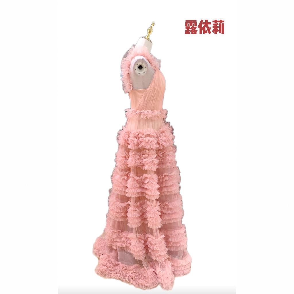 European and American exports sexy V-neck ruffle edge splicing pink cake long dress dress