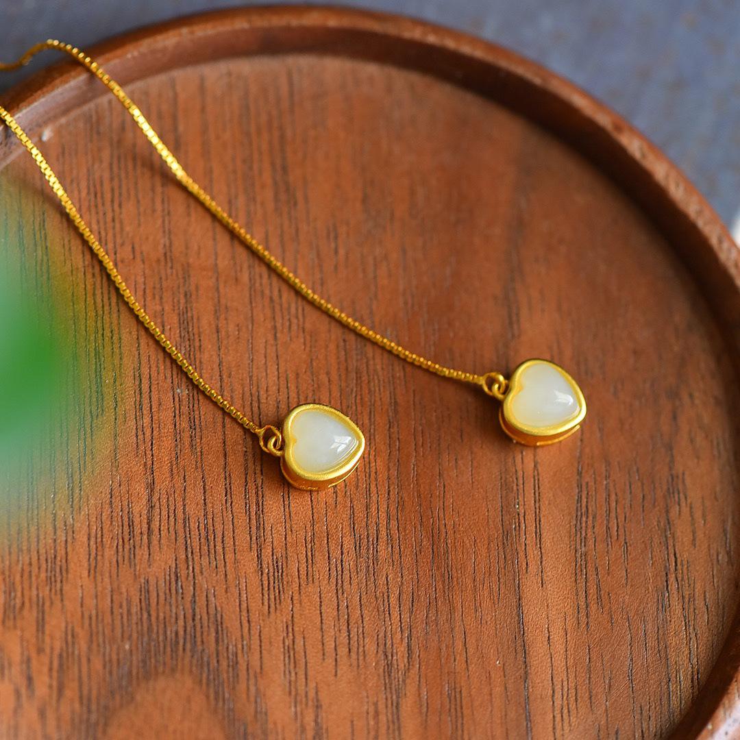 

Серьги-сердечки из нефрита с позолоченными нитями из серебра 925 пробы 925 Silver