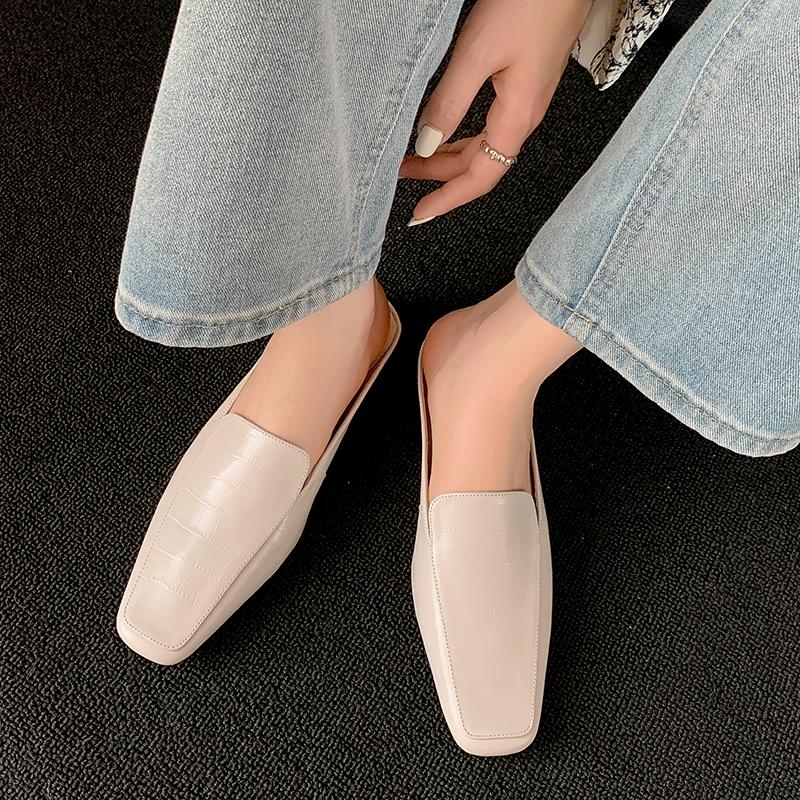 Fashion Genuine Leather Retro Semi-drag Mueller Slippers Woman Women's Low-heel Square Toe Casual Shoes Women Slippers 2025 Summer New