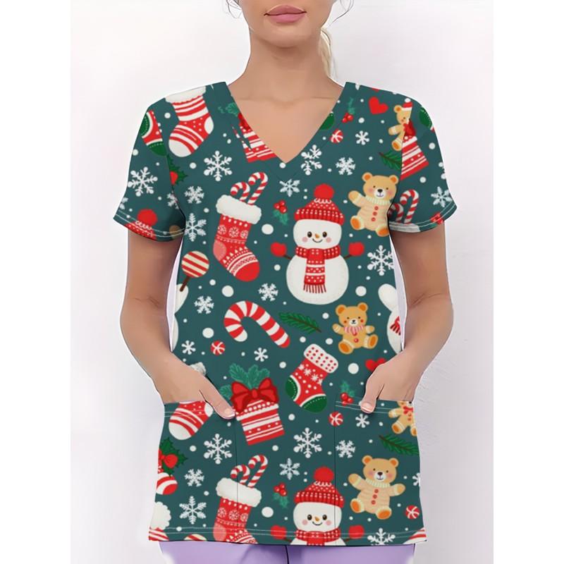 Womens V-Neck Short Sleeve Nursing Scrub Top With 3D Cartoon Print Comfortable Workwear Casual Medical Uniform