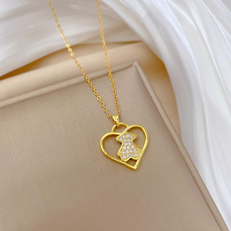 Love Bear Full Diamond Light Luxury Temperament Gorgeous Full Diamond Necklace Female Versatile Collarbone Chain Titanium Steel Chain