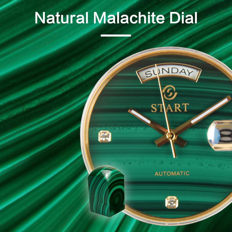 START-Malachite Men's Watch Diamond Watch Date Function Automatic Mechanical Watch Butterfly Buckle Alligator Leather Strap
