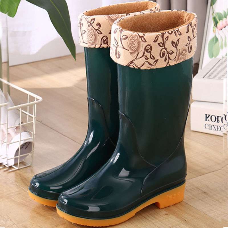 High rain boots rain shoes waterproof shoes glue shoe cover shoes women's fashion medium tube velvet cotton warm adult non-slip kitchen summer