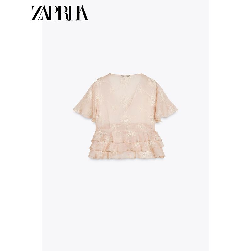 Zaprha 2025 New Arrival French Age-Reducing Laminated Decoration V Neck Short Sleeve Embroider Tops Shirt for Women 3105872
