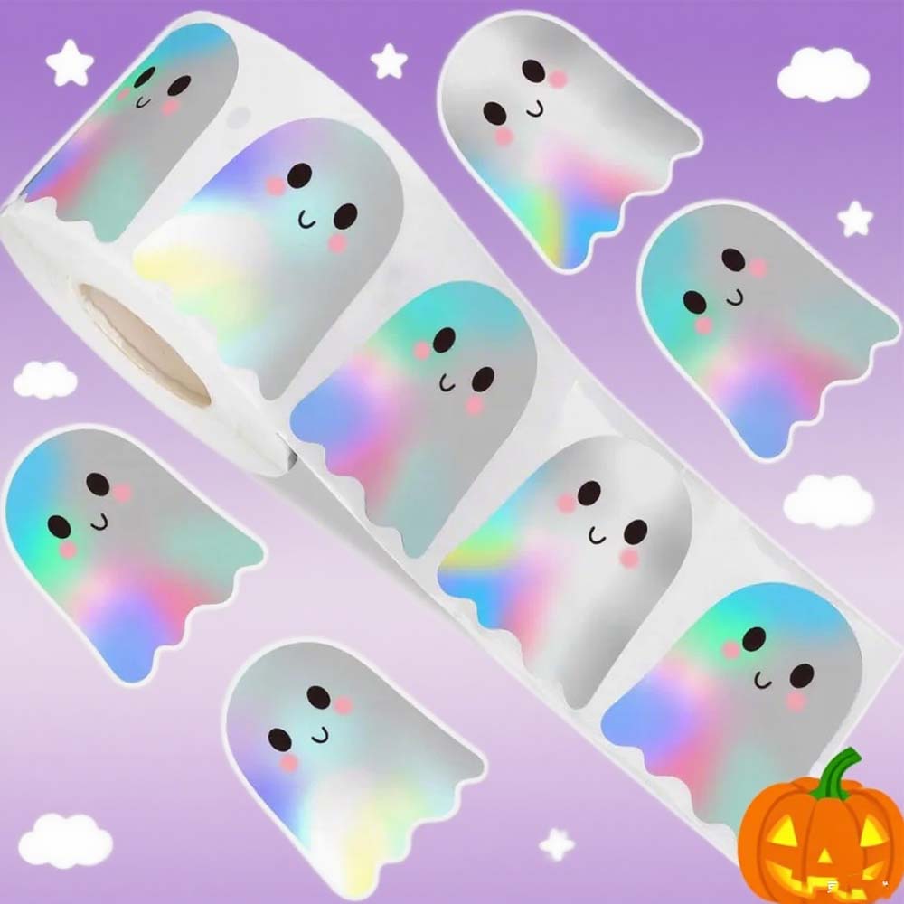 500 Stück 1 Rolle Halloween Laser Kürbis Siegelaufkleber, Geeignet für Geschenkbox Umschlag Halloween Dekoration Halloween Geist Hologramm
