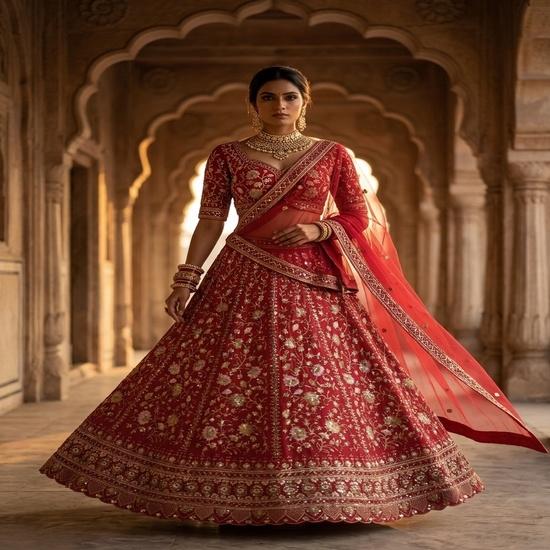 Women's Bridal Embroidered Semi-Stitched Lehenga Choli Set with Net Dupatta & Zari Work