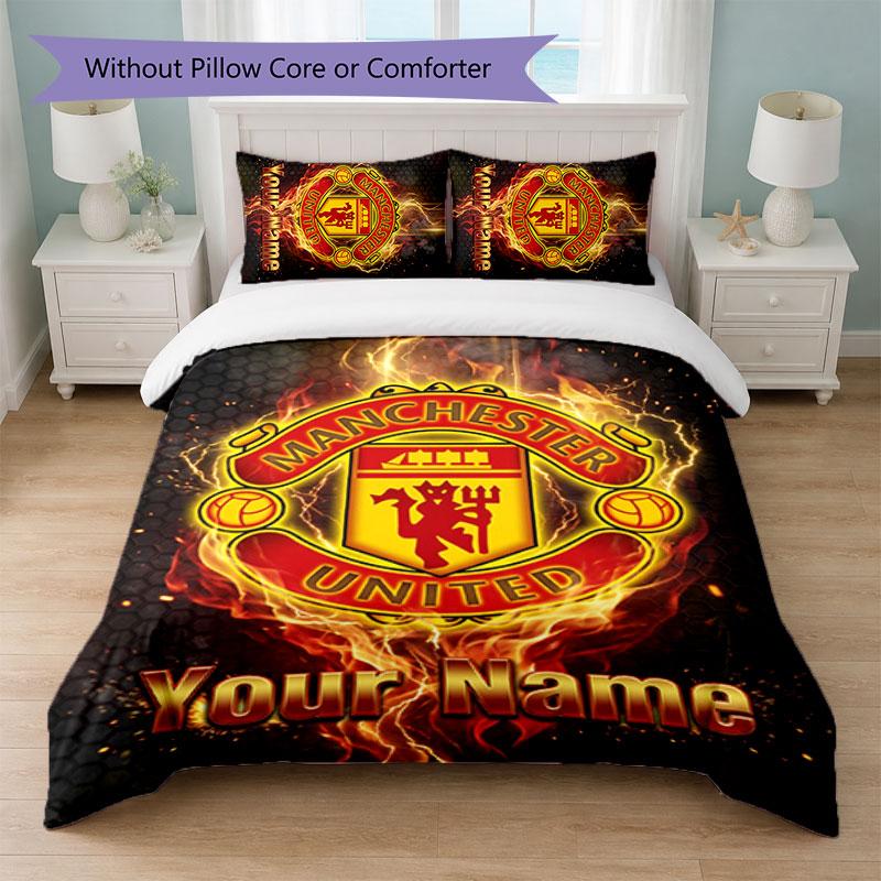 Juego de Ropa de Cama Personalizado Manchester United con Nombre y Texto 1 Funda Nórdica + 2 Fundas de Almohada Logo de Fútbol Regalo Personalizado para Ocasión Especial Decoración de Dormitorio