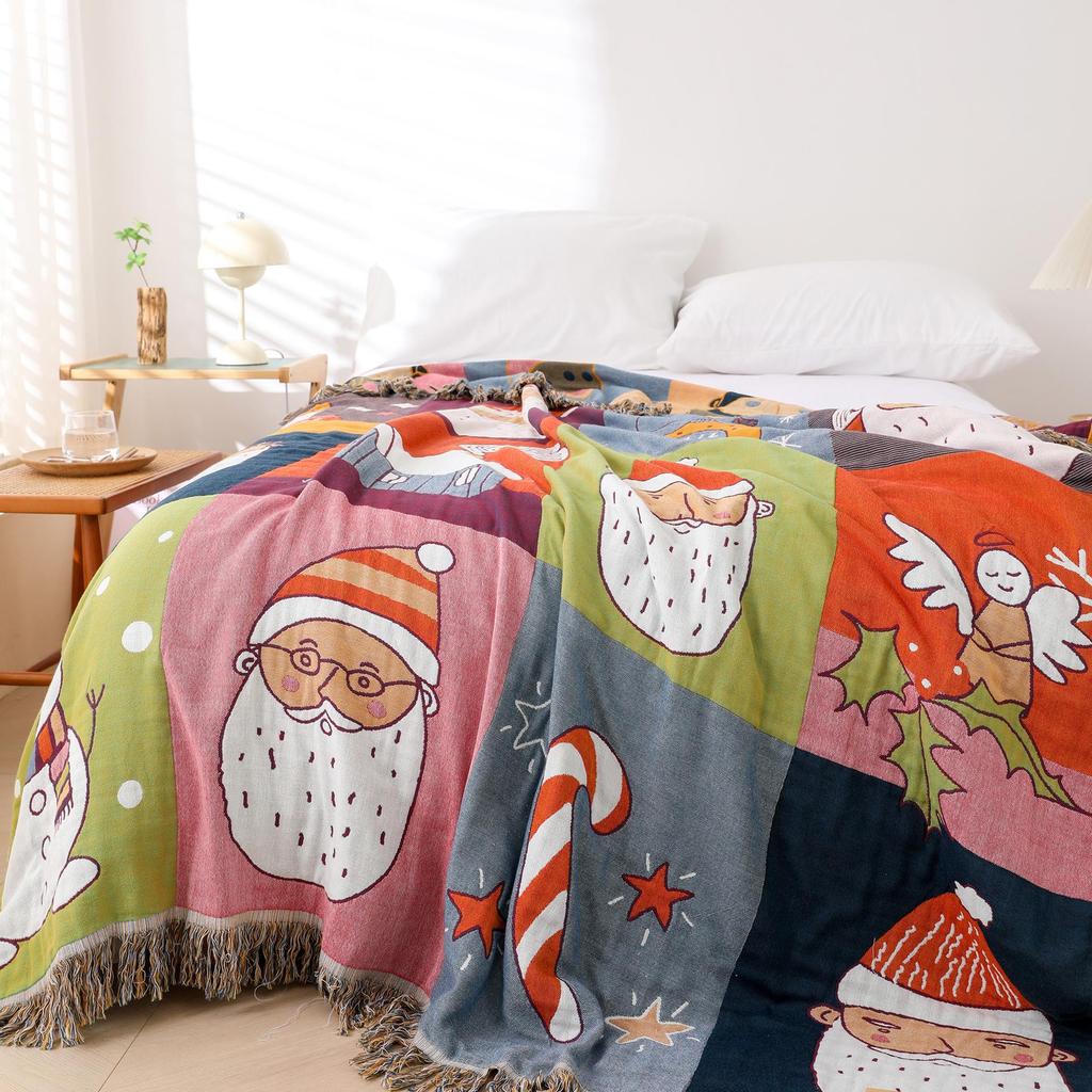 Christmas Tassel Throw Blanket, All Cotton, Machine Washable, Breathable, Single Bed Fitted Sheet Style