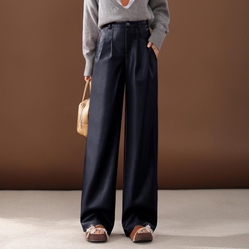 

Жіночі шкіряні штани з натуральної шкіри ягняти з високою талією та широкими штанинами - Тренд Осінь/Зима 2025 4XL чорний