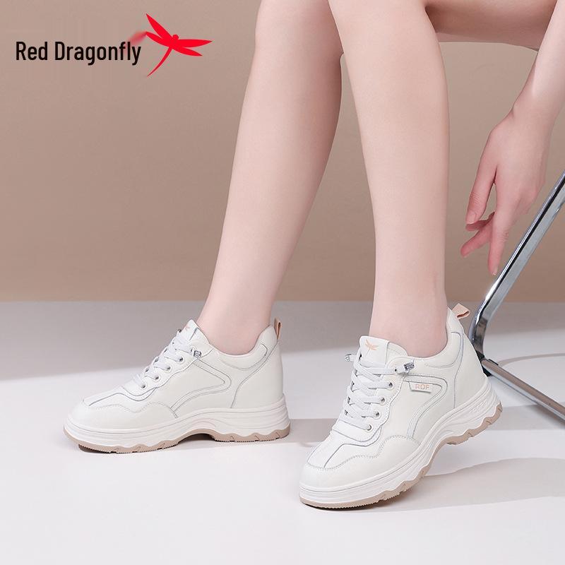 Red Dragonfly Women's White Leather Dad Shoes - Thick Sole, Hidden Height, Non-Slip Casual Sports Shoes for Autumn