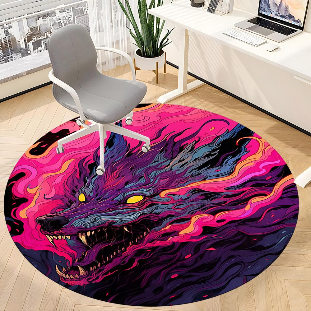 1PC Psychedelic Wolf Lava Office Round Area Rug, Mat Suitable For Office, Under Office Chairs Bedroom Living Room Home Decor, Room Deco