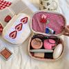 New Strawberry Embroidery Makeup Bag with Checkered Lining Portable Cosmetic Pouch Cute Embroidered Bag for Travel
