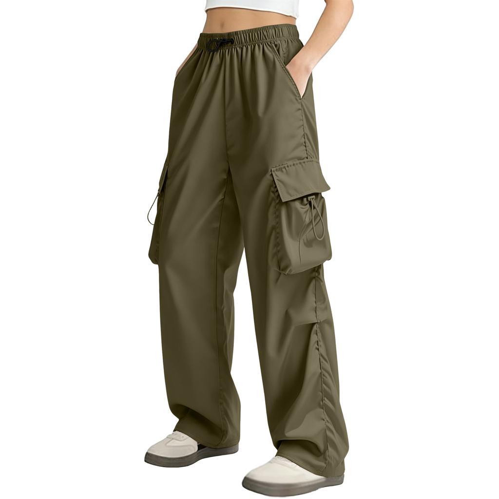Women's Vintage Straight Leg Cargo Pants Elastic Waistband Drawstring Adjustable Hem Utility Workwear Trousers