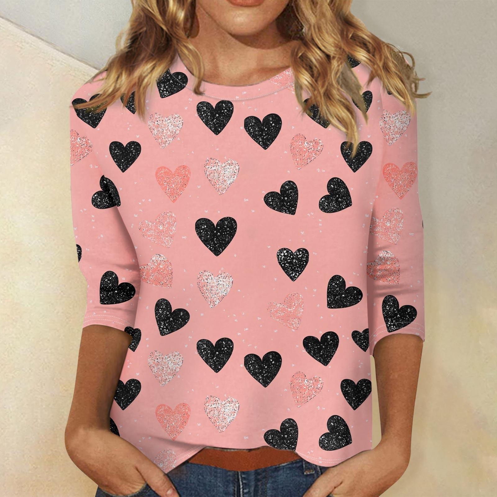 

Женские топы с рукавом три четверти, рубашка на День святого Валентина, круглая горловина, свободная повседневная рубашка M розовый