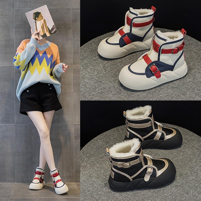 772 genuine leather real hair women's shoes winter muffin thick sole inner height increase snow boots genuine leather real hair