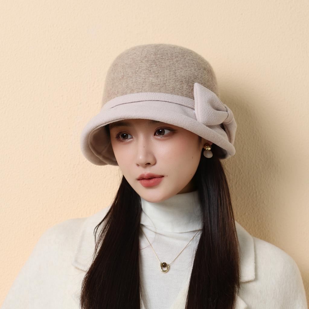 Autumn and Winter Hat Women's Wool, Bow Bucket Hat Retro Top Hat Thickened Thermal Basin Hat