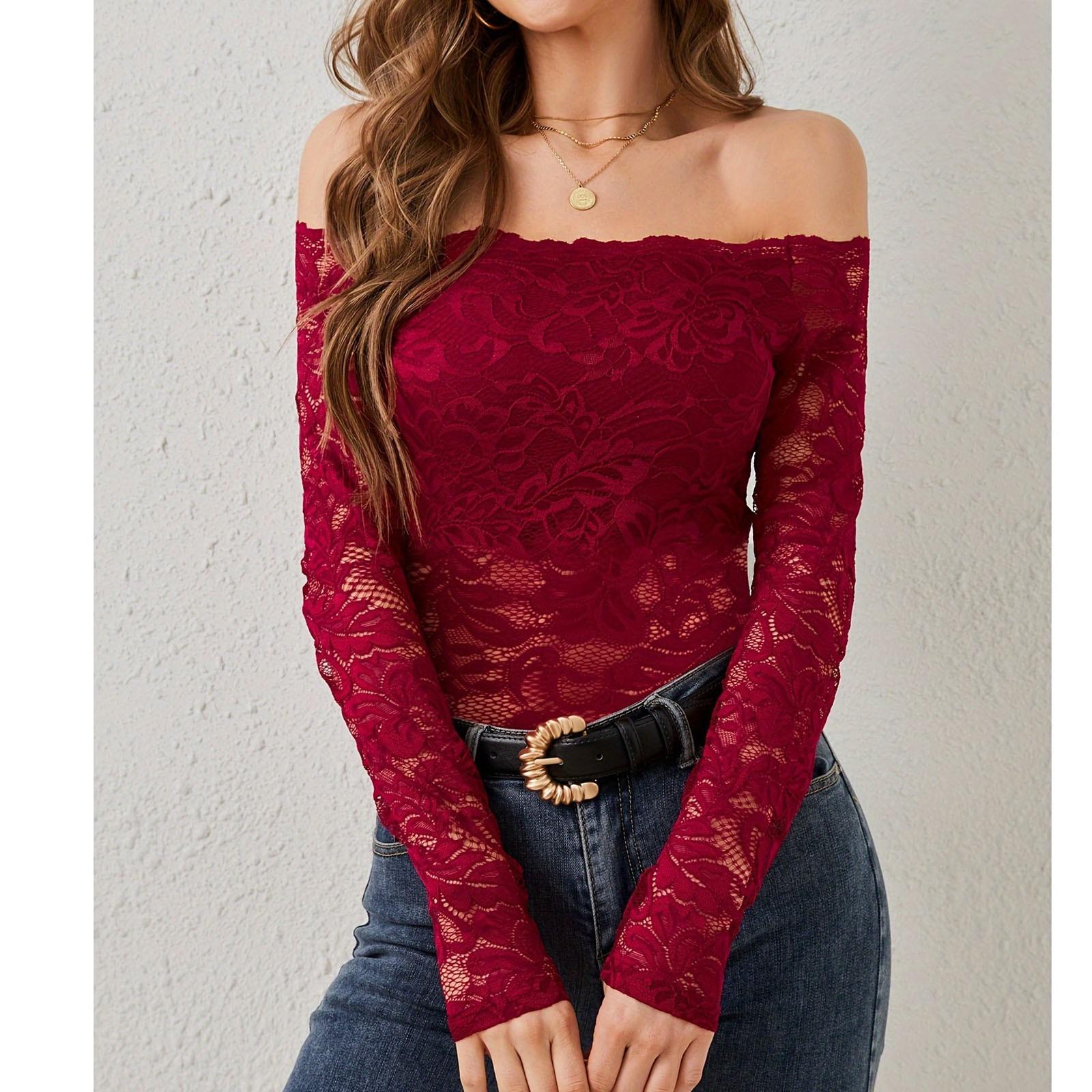 

Женская повседневная футболка с воротником-веером, прямым вырезом и открытыми плечами, кружевная футболка, топ с длинными рукавами S красный