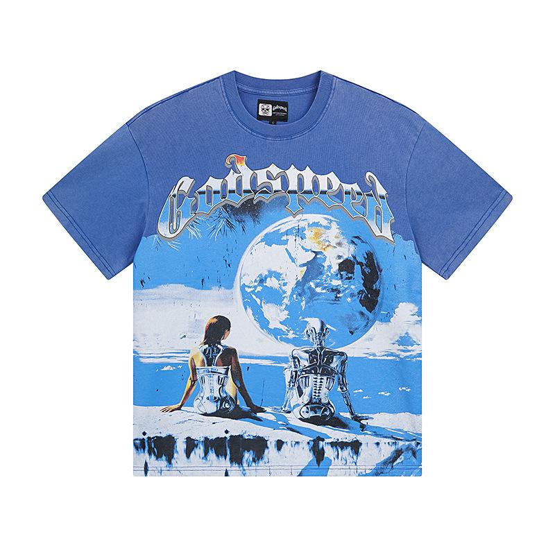 Cross-border trendy brand GS Skull Band Alphabet Printing Washing Water Short Sleeve Loose T-Shirt Men's and Women's High Street Retro Half Sleeve
