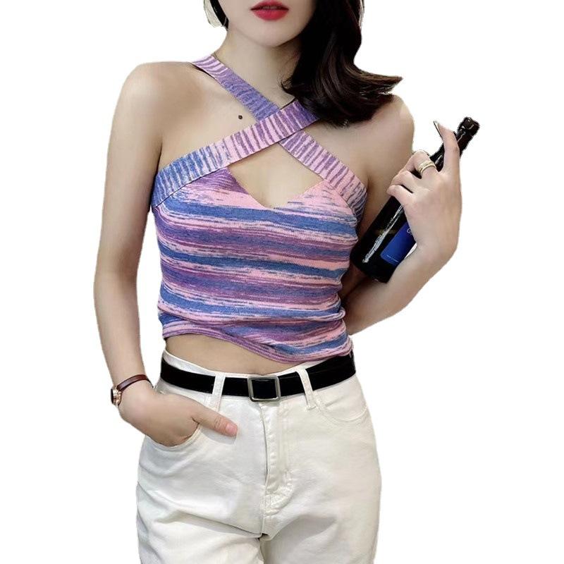 Lato Nowy Design Zmysłowe Spice Girls Krzyżowy Halter Tęcza Wysoki Stan Kamizelka Bluzka