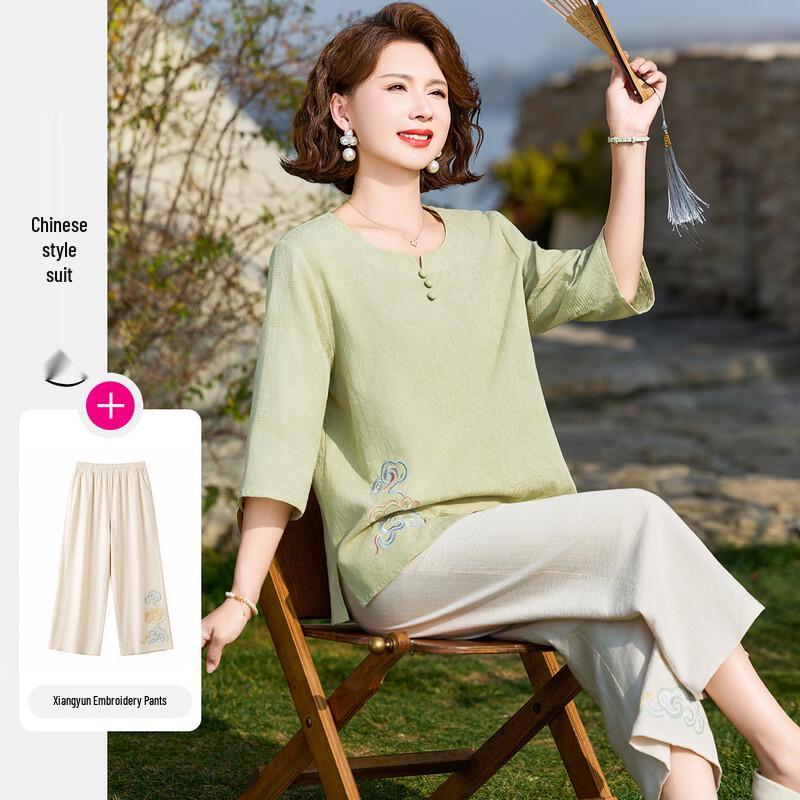 

New Chinese Style Embroidered Cotton T-shirt & Pants Set XL