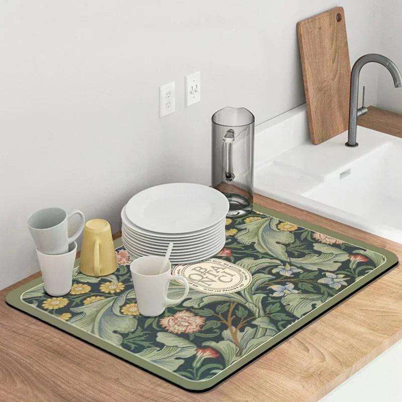 Printed Dish Drying Mat Super Absorbent Coffee Drain Pad Tableware Draining Pad Quick Dry Rug Kitchen Dinnerware Placemat