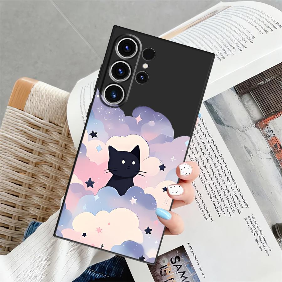 Funda Phone Cover Case for Samsung Galaxy S25 Note 20 8 9 10 S26 S24 Plus S23 S21 FE S20 Ultra S10 S9 Black Cat Starry Night