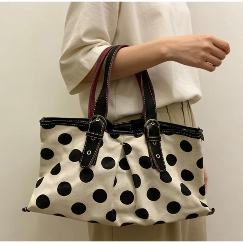 Champagne-colored Polka Dot Tote Bag Belt Buckle Decoration Large Capacity Handbag Stylish Satin Pleated Women's Shoulder Bag