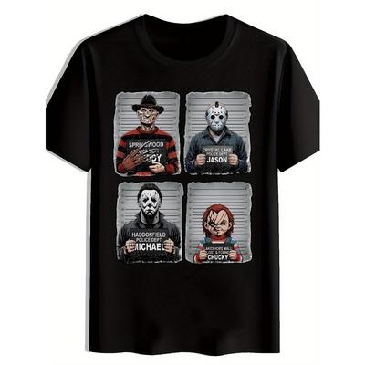 European Sizes Men's Horror Icons Graphic Print T-Shirt - Black Casual Short Sleeve Round Neck Summer Tee with Freddy Krueger, Jason,