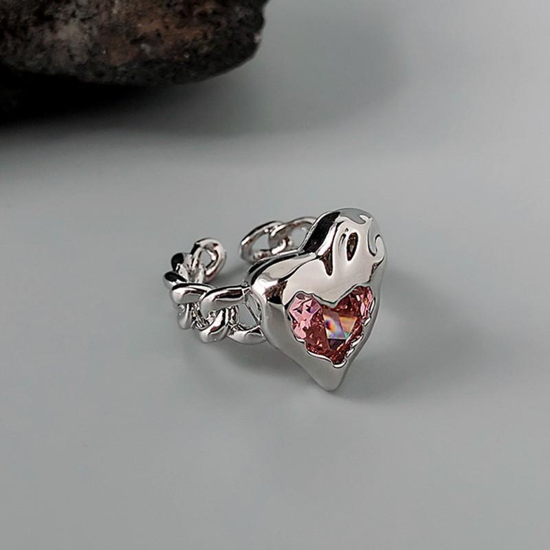 Elegant Korean Style Adjustable Heart Shaped Ring With Geometric Design For Women