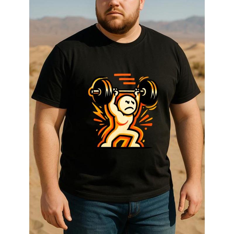 European sizes Men's Gym Weightlifting Barbell Curl Print T-Shirt - Casual Fitness Tee with Weight Training Design, Short Sleeve Round Neck Shirt